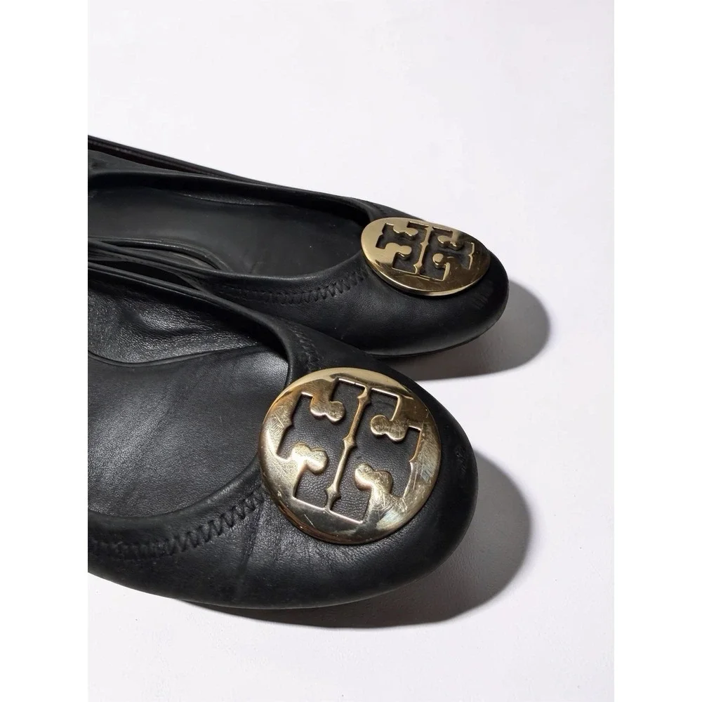 Tory Burch Reva Ballet Flats Gold Medallion Black Leather Comfy Stretch Size 10
